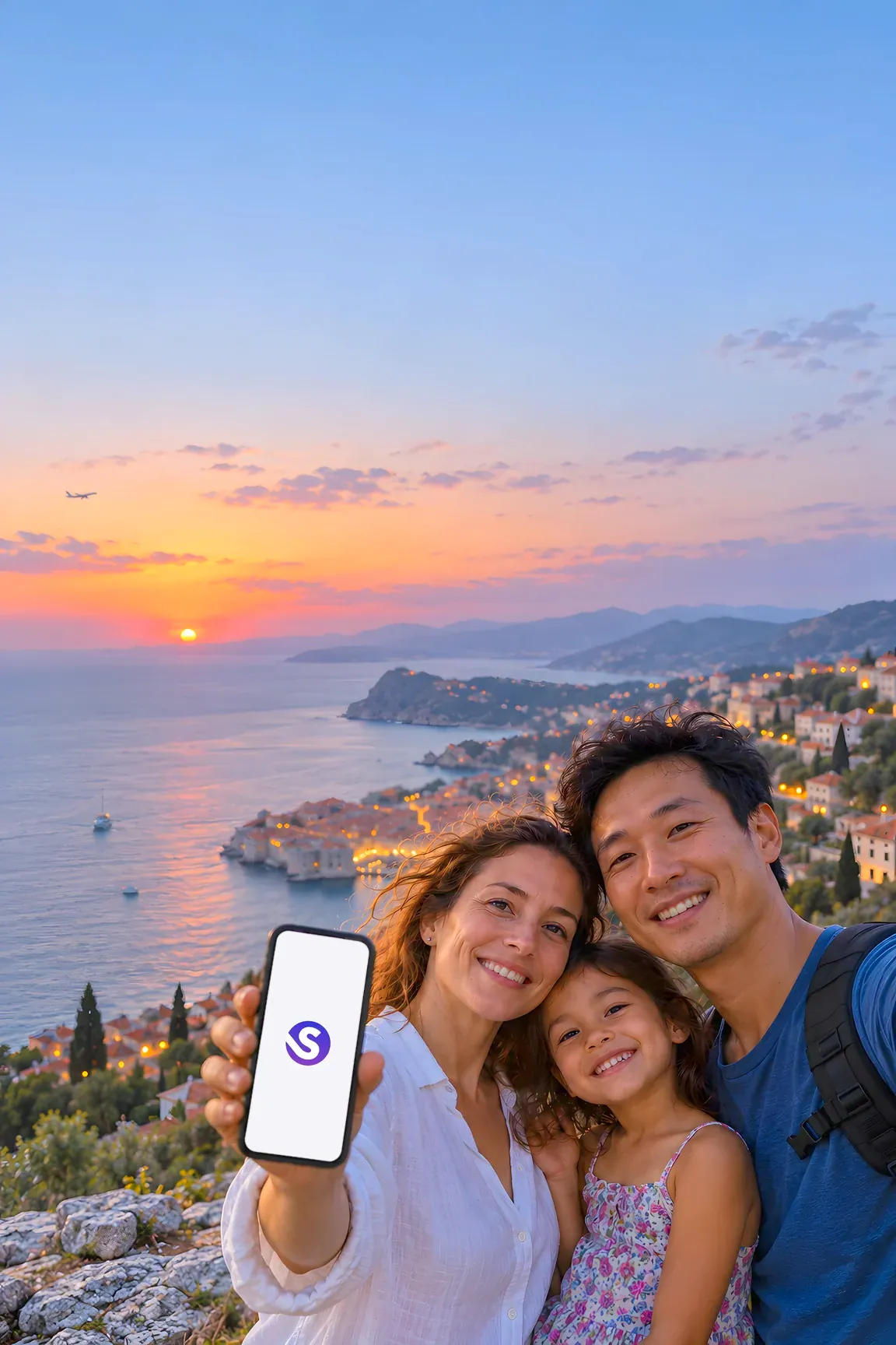 A smiling family taking a selfie on a hillside above Dubrovnik at sunset, the mother holding up a phone showing the Speedysim app